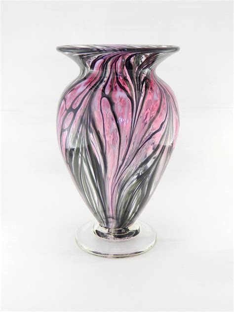 Hand Blown Art Glass Vase Pink Green And Black