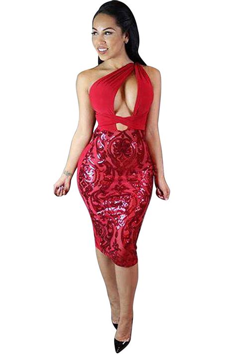 sexy backless one shoulder sequin bodycon club dress red pink queen