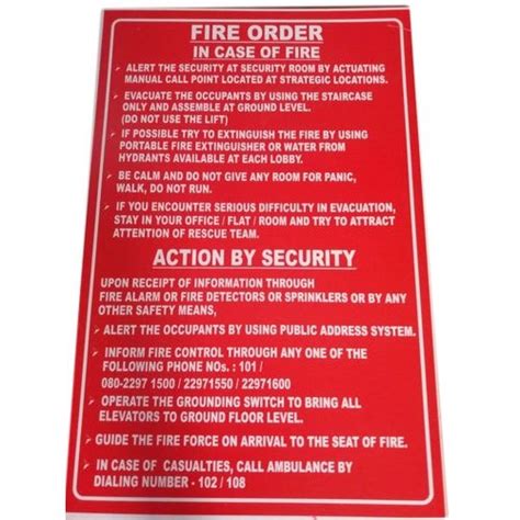 rectangular reflective fire order instruction signage thickness   mm  rs piece
