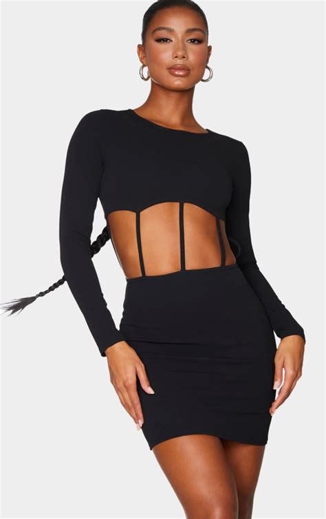 black long sleeve cut out bodycon dress prettylittlething