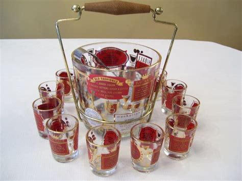 retro 50sbarware glass ice bucket and shot glasses set of 12 with recipes vintage barware set