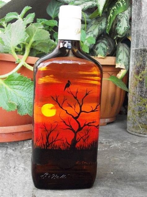 Painted Bottle In Acrylic Red Sunset Theme Wine Bottle Art Painted