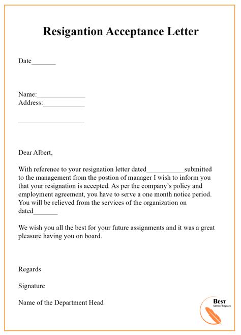 resignation acceptance letter template examples  certificate