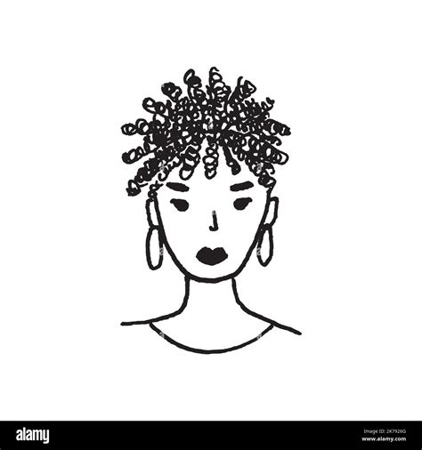 Hand Drawing Of Cute Face Curly Haired Girl Black And White Minimal