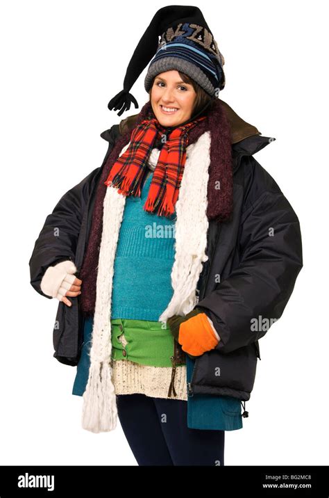 happy young woman wearing multi layers  clothing   warm stock