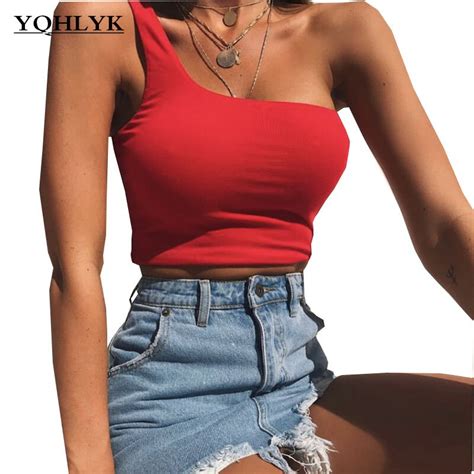 Summer Women S Sexy One Shoulder T Shirt Pure Color Belly Navel Tight