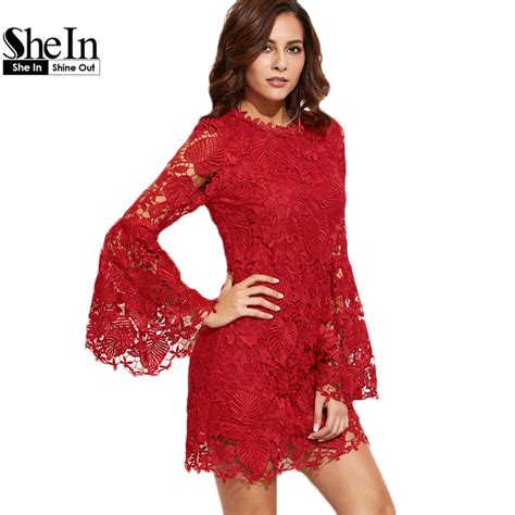 Women Bodycon Dress Round Neck Party Dresses Red Embroidered Lace