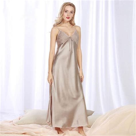 Summer Cool Long Silk Satin Nightgown Women Night Dress Sleepwear