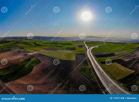 drone view   beautiful agricultural fields stock photo image  filed path