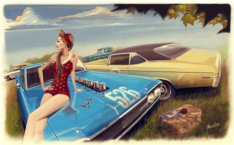 P0504 Illustration Pinup Muscle Cars Girl Woman Cars