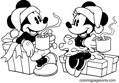 mickey minnie drinking hot cocoa disney christmas coloring page