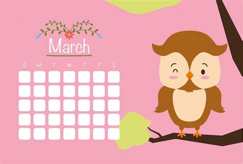 vector march calendar  cute owl pink flat style