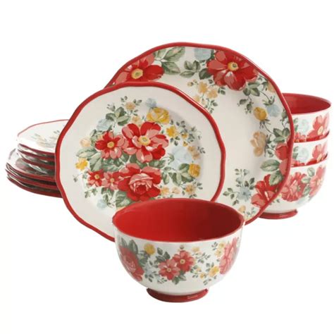 The Pioneer Woman Vintage Floral 12 Piece Dinnerware Set Teal Or Red