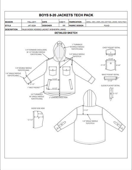 childrens design detail sheet sample womens mens kids  size apparel tech pack