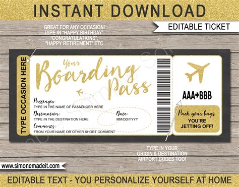 Printable Boarding Pass Ticket Template Fake Plane