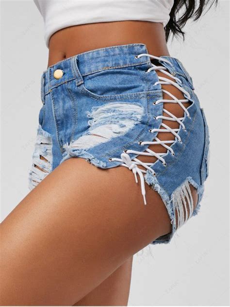 [31 Off] 2020 Mid Waist Lace Up Ripped Denim Shorts In Denim Blue Zaful