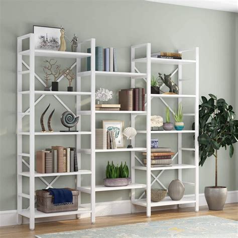 triple wide  shelf bookcase etagere large open bookshelf vintage industrial style shelves wood