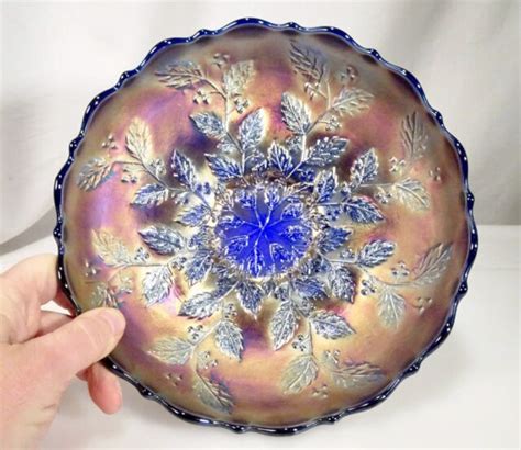 Vintage Fenton Holly And Berries Blue Carnival Glass Bowl 59275 Ebay