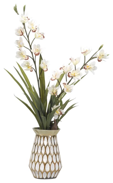 Cream Cymbidium Orchids In White And Gold Glass Vase