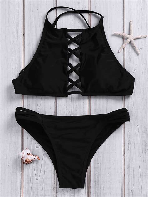 Novelty Halter Neck Solid Color Lace Up Hollow Out Bikini Set For Women