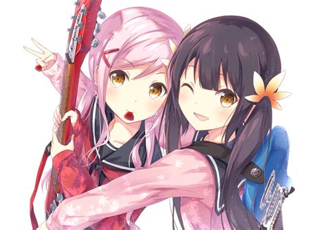 2girls black hair blush chamirai guitar instrument long hair pink hair