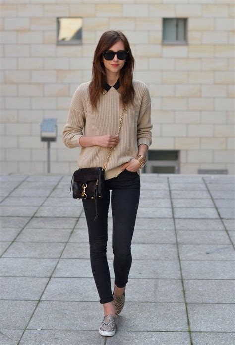 casual chic outfit ideas with slip on shoes light browns
