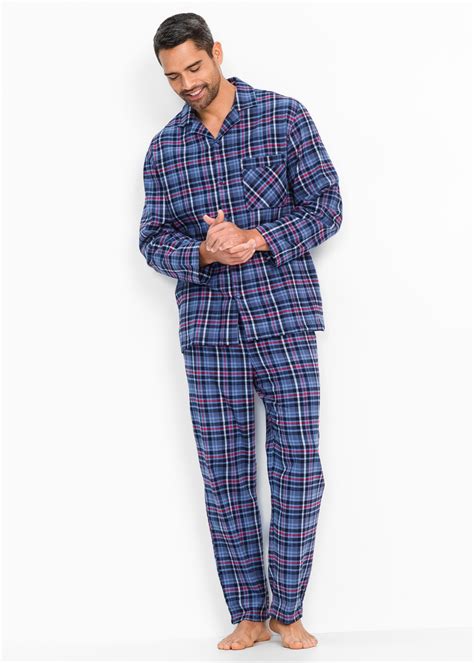comfortabel en trendy flanellen heren pyjama van geweven materiaal blauw geruit