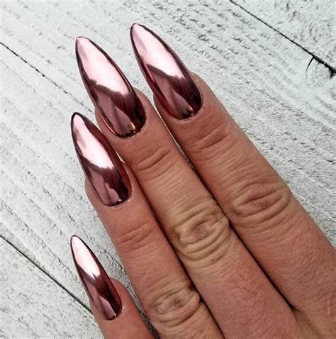 rose pink chrome nails glossy finish fake nails press  etsy gold