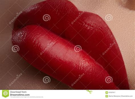 Cosmetics Makeup Bright Lipstick On Lips Closeup Of