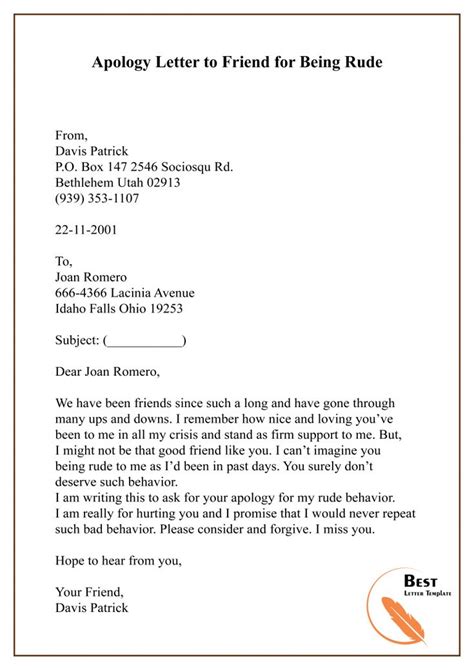 apology letter template   friend sample