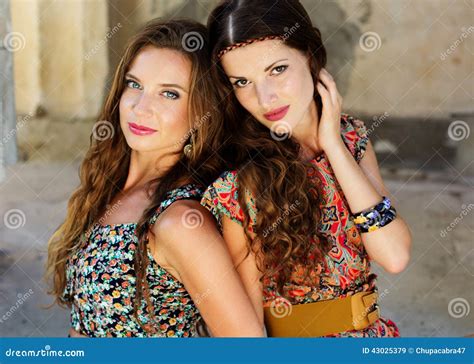 beautiful young women  fun   city stock photo image