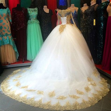 Buy White Gold Appliques Ball Gown Long Sleeves