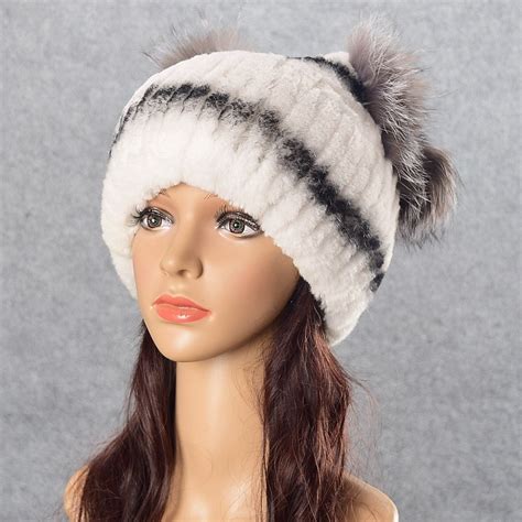 Cat Hat Winter Fur Cap Women Genuine Real Fur Rex Rabbit Hats Hand