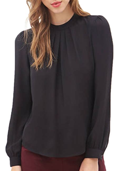 loose  neck ruffled front lantern long sleeve chiffon blouse stylesimocom