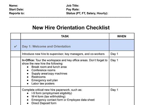 hire orientation schedule template