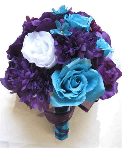 wedding bouquet bridal silk flowers purple plum turquoise etsy
