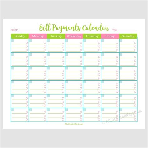 printable monthly bill calendar printable word searches