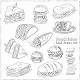 Pane Sandwiche Satz Illustrazione Canestro Baguette Voll Brotes Pieno Cheeseburger Sandwiches Panini Abbildung sketch template