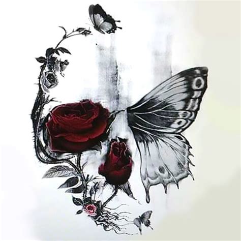 skull butterfly  rose tattoo design