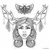 Boho Coloring Forest Pages Horns Deer Shaman Nymph Dog Woman Printable Print Girl Beautiful Vector Gypsy Getcolorings Getdrawings sketch template