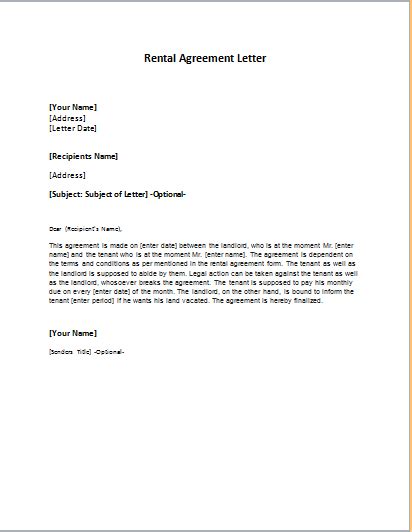 rental agreement letter template word excel templates