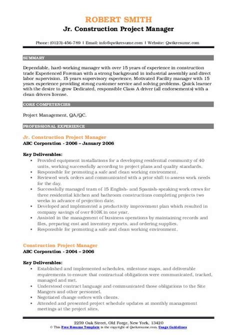 construction project manager resume samples qwikresume