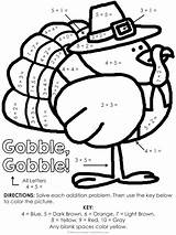 Thanksgiving Color Number Worksheets Turkey Math Coloring Multiplication Pages Division Facts Addition Grade Subtraction 5th Code Digit November Activities Kindergarten sketch template