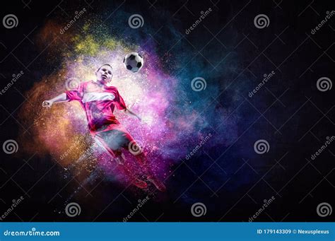 boy playing soccer hitting  ball stock image image  adult