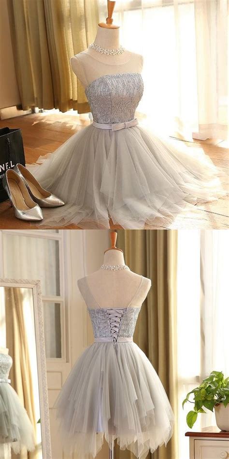 a line silver gray short satin homecoming dress with lace vestidos de