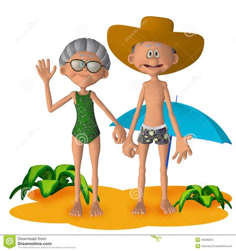 Happy 3d Cartoon Senior Couple On The Vacations Stock