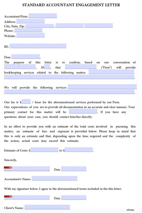 accountant bookkeeping engagement letter  word eforms
