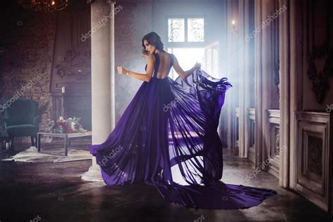 Beauty Brunette Model Woman In Evening Purple Dress Beautiful Fashion