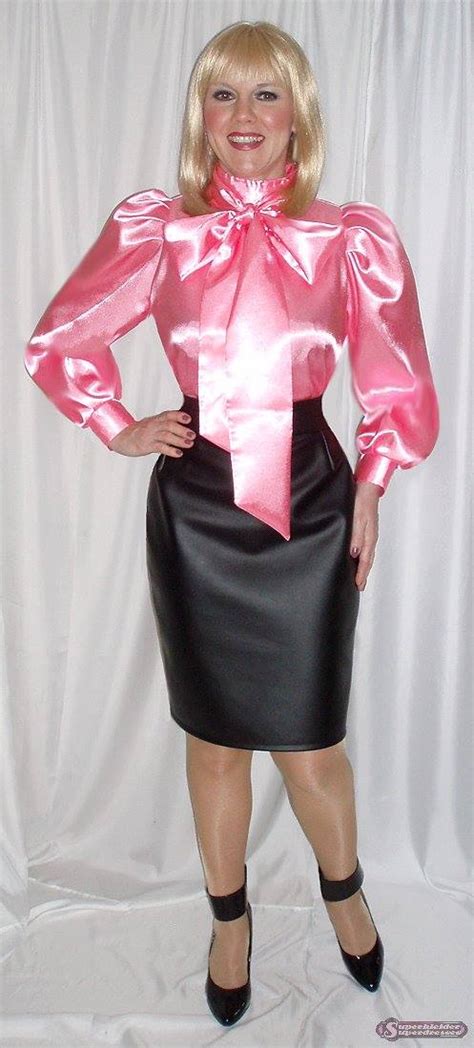 Shiny Silk Pink Bow Blouse And Leather Skirt By Veronarmon