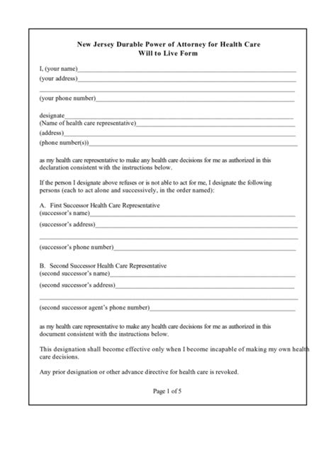 jersey durable power  attorney  health care    form